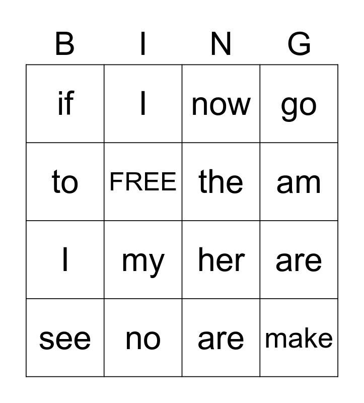 Snap Word Bingo Card