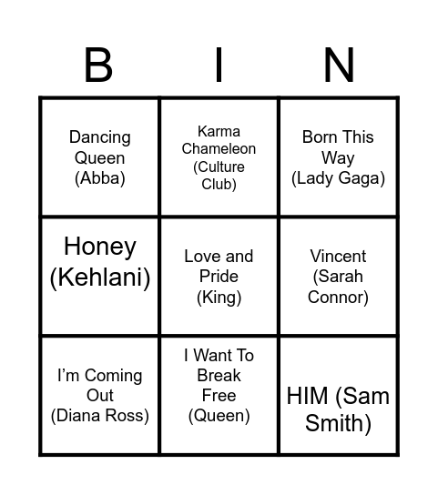 Queeres Song Bingo Card