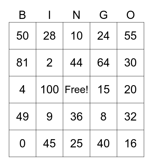 Multiplication Bingo Card