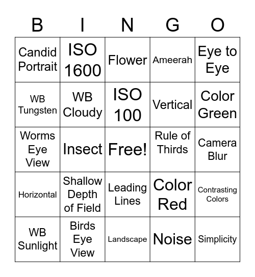 Photography Bingo Card