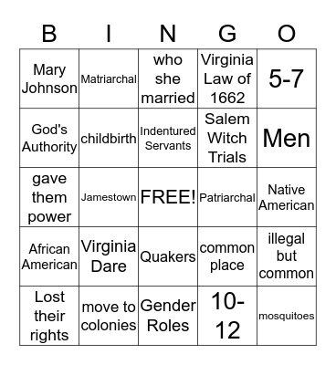 Early Colonial Women Bingo Card