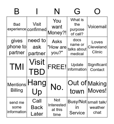 Call Party BINGO!  Bingo Card
