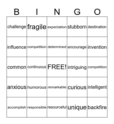 Vocabulary Bingo Card