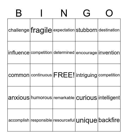 Vocabulary Bingo Card