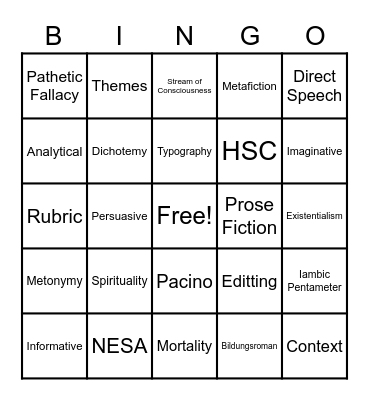 Advanced English Lingo Bingo Card