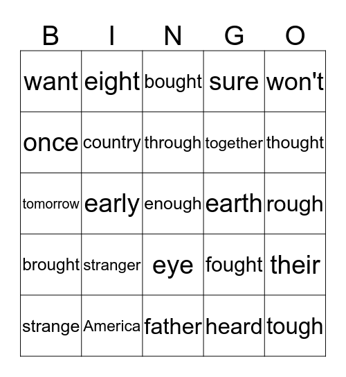 Sight Words Bingo Card