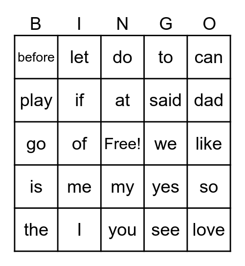 Pink Heart Word Bingo Card