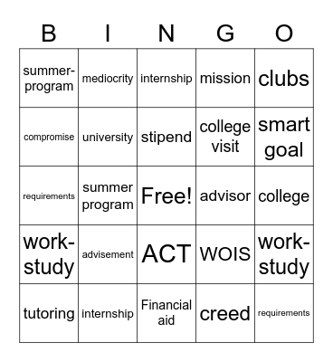 Upward Bound Bingo Card