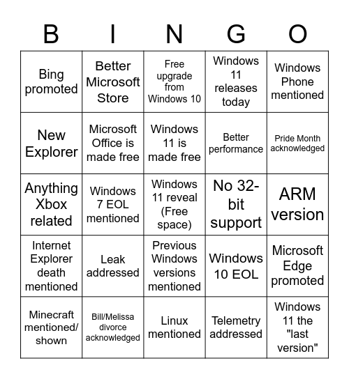 Microsoft Windows Livestream Bingo Card Bingo Card