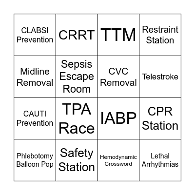 Critical Care Competency Stations Bingo Card