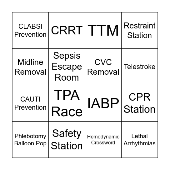 Critical Care Competency Stations Bingo Card