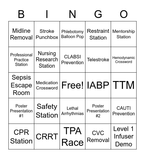 Critical Care Competency Stations Bingo Card