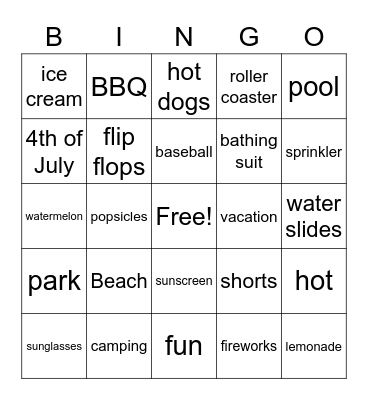 Summer fun Bingo Card