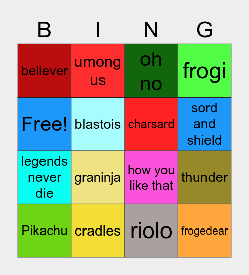 songs and Pokémon Bingo Card