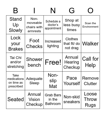 Fall Prevention Bingo Card