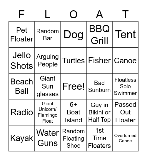 Float Trip Bingo Card