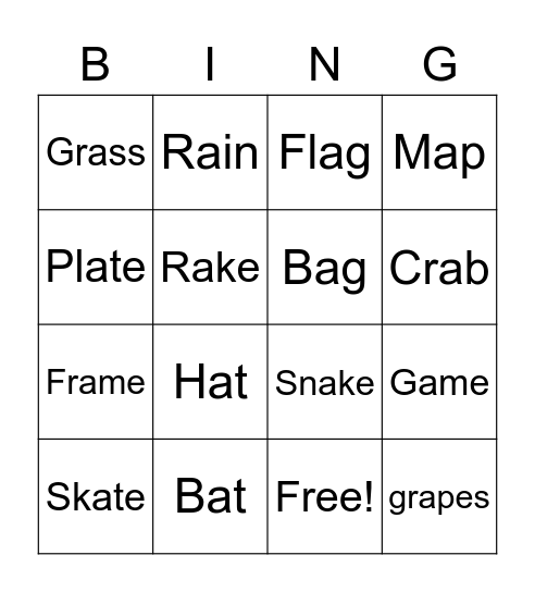 Short and Long A sounds Bingo Card