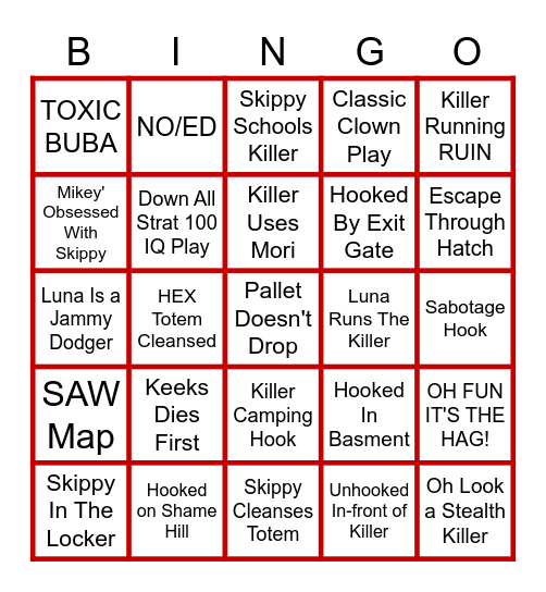 Dead By Daylight Bingo Card