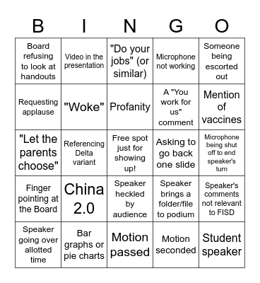 Board Meeting Bingo Card