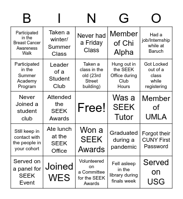 Baruch SEEK Bingo Card