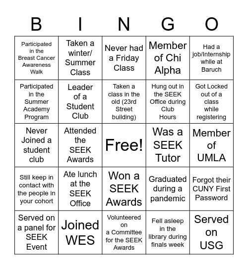 Baruch SEEK Bingo Card