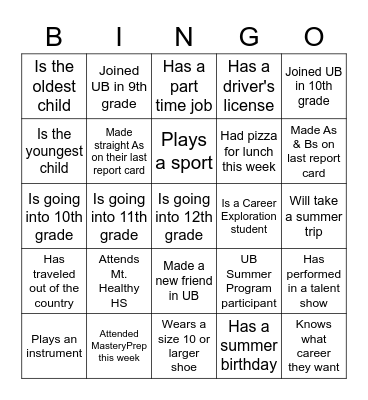 Upward Bound Bingo Card