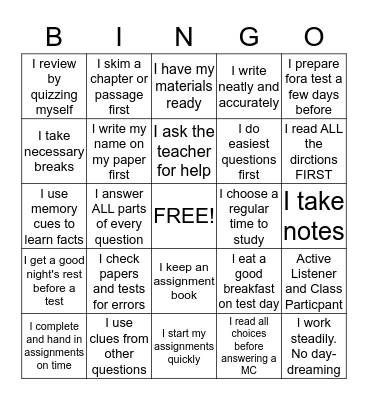Study Habits and Test Taking Strategies Bingo Card
