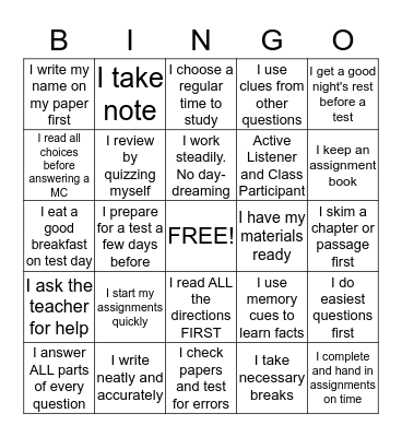 Study Habits and Test Taking Strategies Bingo Card