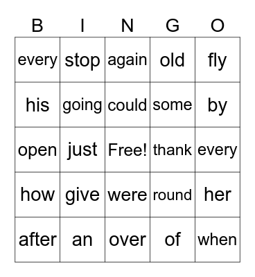 1st Grade Sight Words Bingo Card