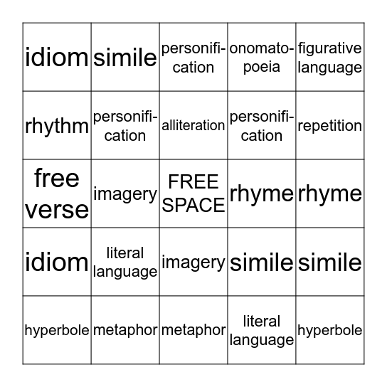Figurative Language & Poetic Devices Bingo Card
