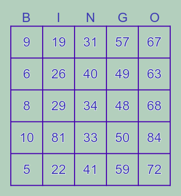 Number Bingo 1-85 Bingo Card