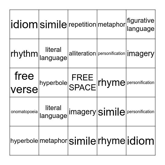 Figurative Language & Poetic Devices Bingo Card