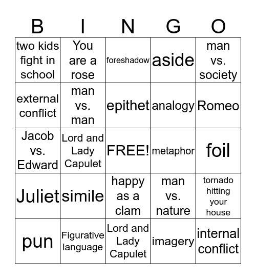 Literary Terms Bingo Card