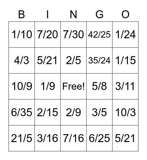 Multiplying & Dividing Fractions Bingo Card