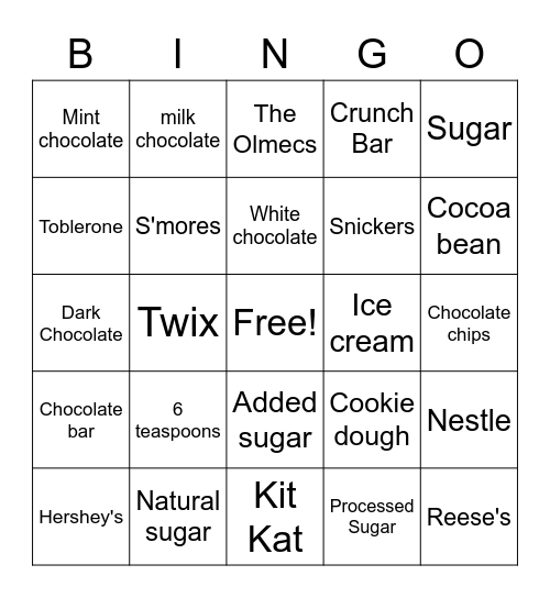 Sugar and Chocolate Bingo Card