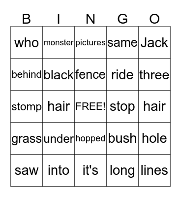 Bunny and the Monster Bingo Card
