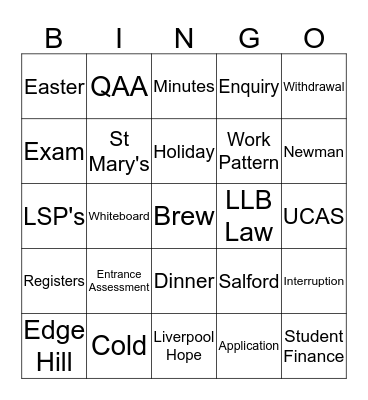 University Centre Bingo Card