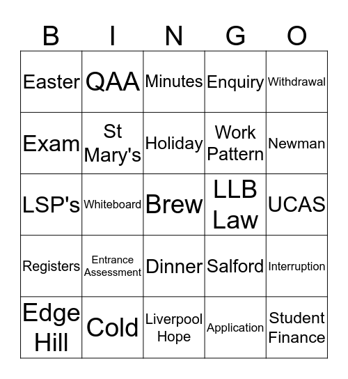 University Centre Bingo Card