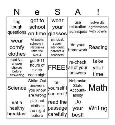 Test-Taking Skills Bingo Card