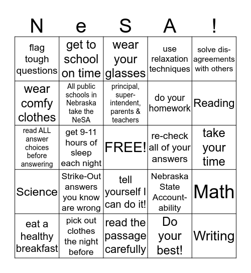 Test-Taking Skills Bingo Card