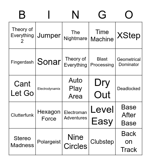 Geometry Dash Bingo Card