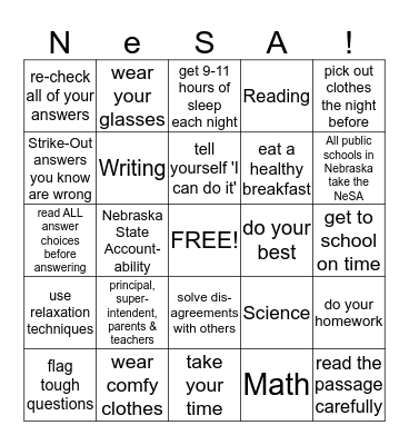 Test-Taking Skills Bingo Card