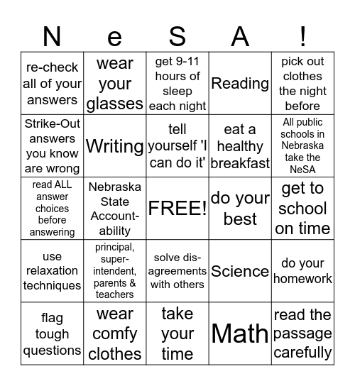 Test-Taking Skills Bingo Card