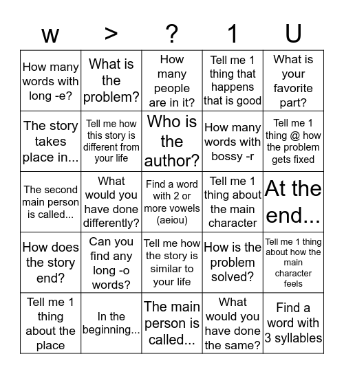 word work; finish...; questions; tell me 1 thing; your turn Bingo Card