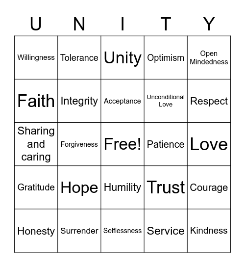 Unity Bingo Card