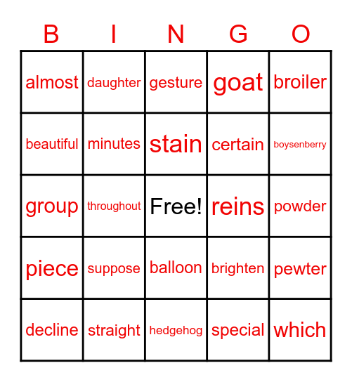 Summer School Words Bingo Card
