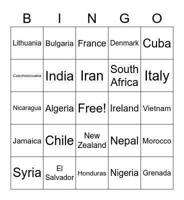 International Bingo Card