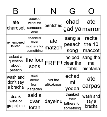 Pesach Bingo 2015 - kids edition Bingo Card