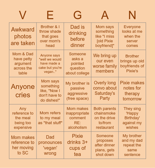 Pixie's Family B-Day Dinner Bingo Card