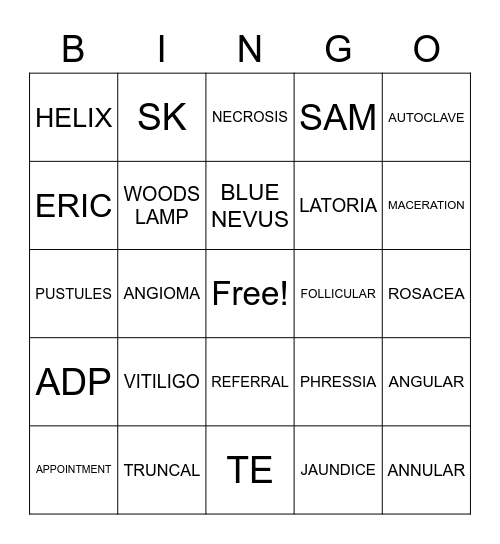 DERMATOLOGY Bingo Card